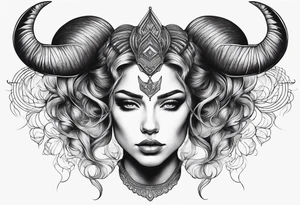 symmetrical woman head with curved horns facing downwards dark realism looking front facing view tattoo idea