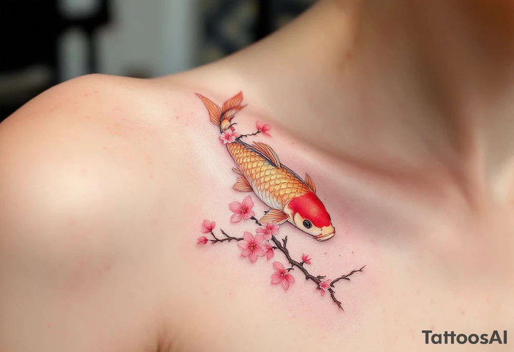 A carp swimming beneath a branch of cherry blossoms, combining nature’s beauty with soft pinks and golden scales. tattoo idea