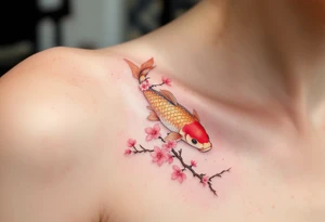 A carp swimming beneath a branch of cherry blossoms, combining nature’s beauty with soft pinks and golden scales. tattoo idea
