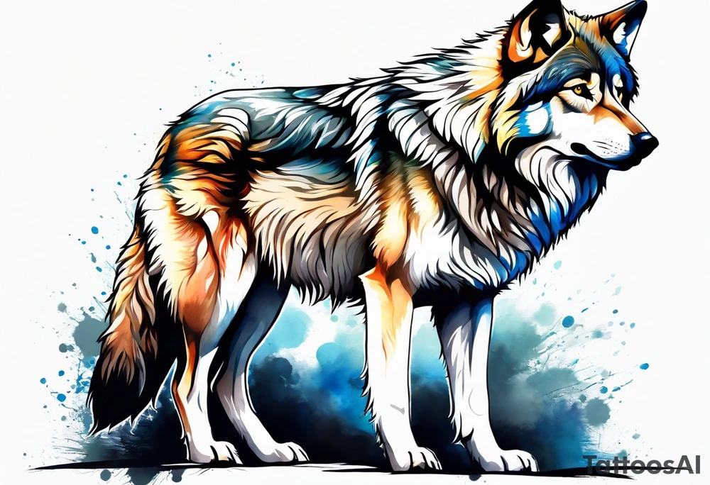 Fluffy wolf sitting upright facing forwards tattoo idea