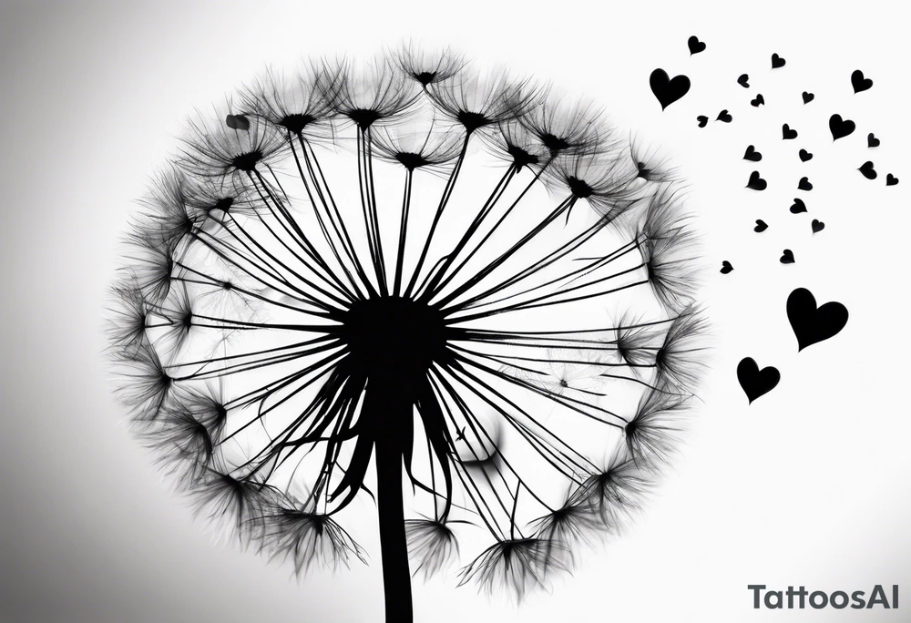 Dandelion with its ligules blowing away, a few legs are tiny hearts, the girls turn into a little bird, flying away to its future tattoo idea