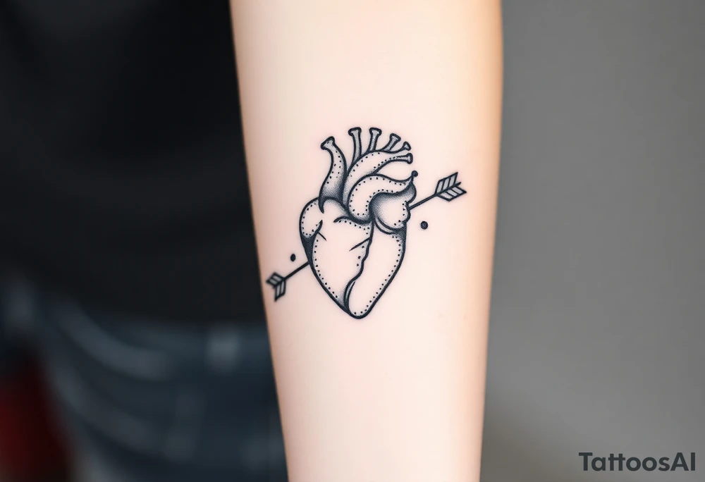 anatomical heart pierced by ornate arrow with flowing ribbons tattoo idea