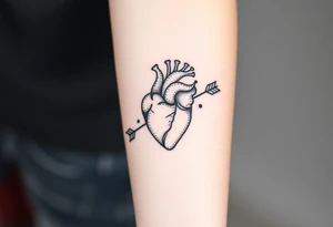 anatomical heart pierced by ornate arrow with flowing ribbons tattoo idea