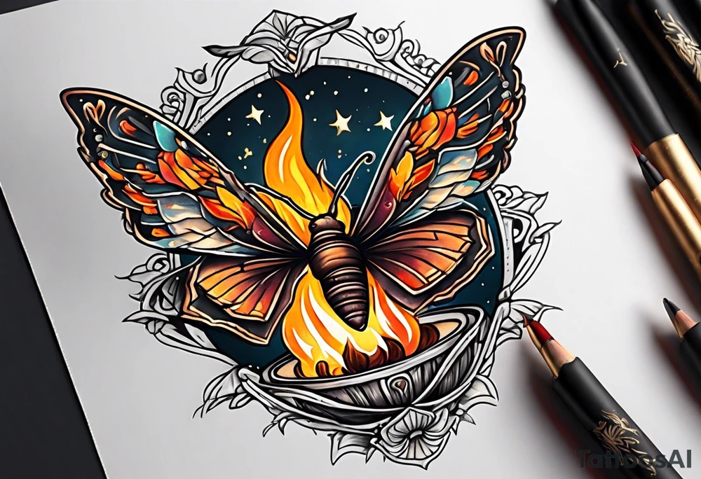 Moth flying around near a campfire tattoo idea