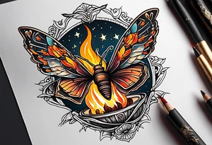 Moth flying around near a campfire tattoo idea