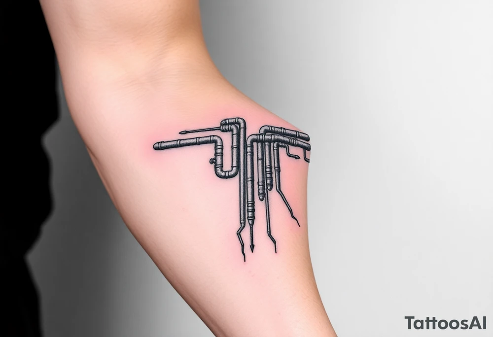 wide vertical System of thin pipes that transitions and transforms outwards of sides and end into thick, widespread 
veins of forearm tattoo idea