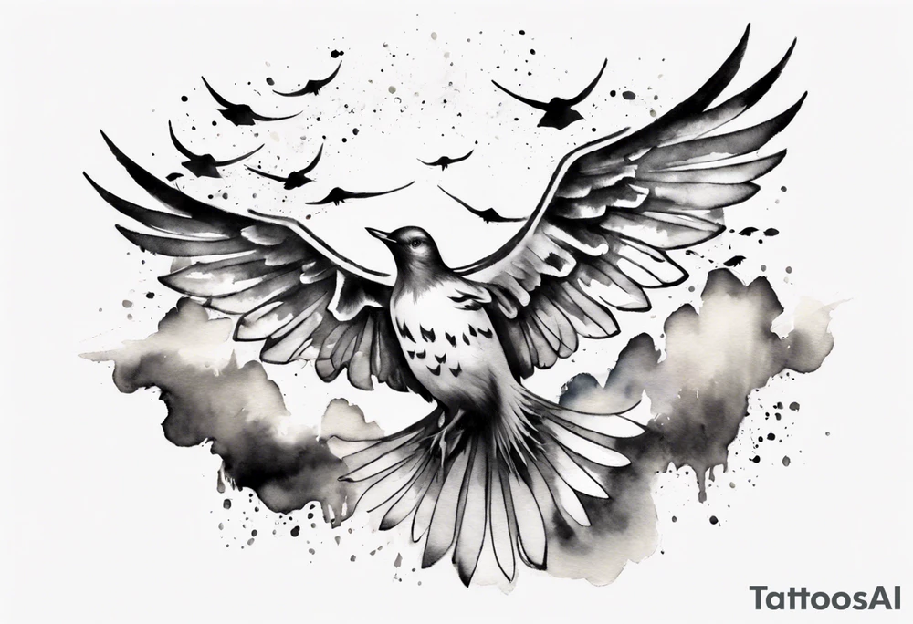 a shoulder tattoo with lots of rays of light in gradient starting from the middle
, clouds and birds flying free tattoo idea