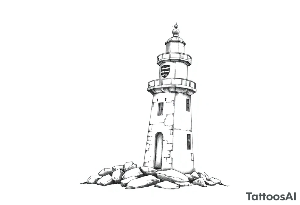 a whole lighthouse with a coat of arms incorporated into the roof without stones on the ground tattoo idea