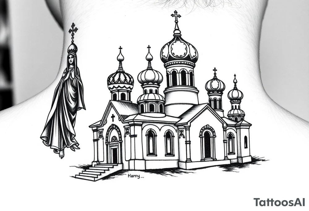 medium sized Russian orthodox church with bulb domes with a prominent russian orthodox style virgin mary stood outside to the left tattoo idea