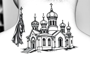 medium sized Russian orthodox church with bulb domes with a prominent russian orthodox style virgin mary stood outside to the left tattoo idea