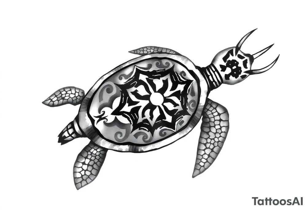 Turtle with neptunes trident pattern on its shell tattoo idea