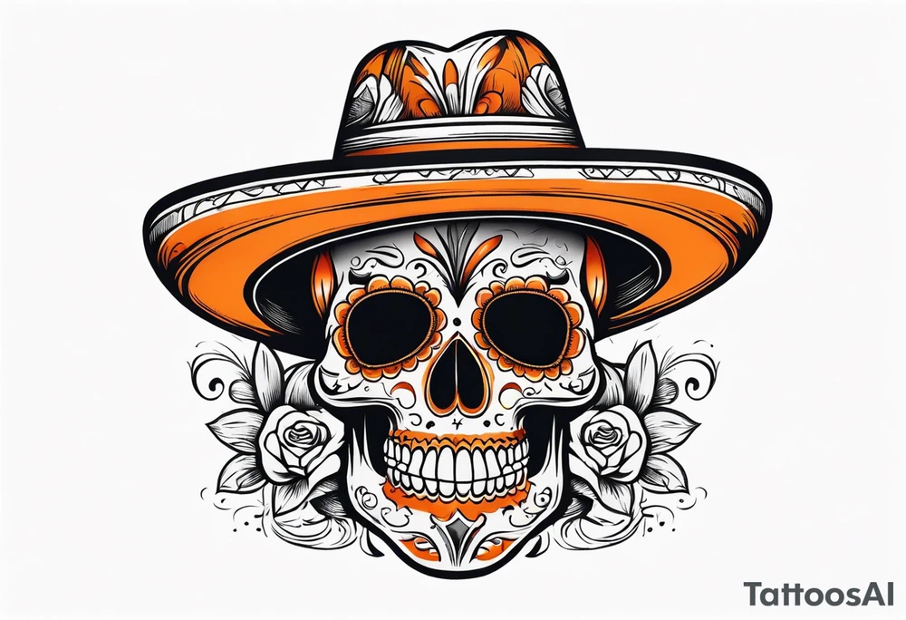Mexican skull with sombrero with smoke coming out of the bottom orange and black tattoo idea