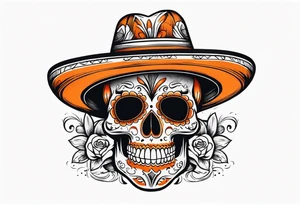 Mexican skull with sombrero with smoke coming out of the bottom orange and black tattoo idea
