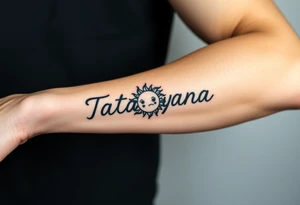 Forearm tattoo for a man using the name “Tatayana” Starting from the wrist, stretching to the elbow with the sun and moon tattoo idea