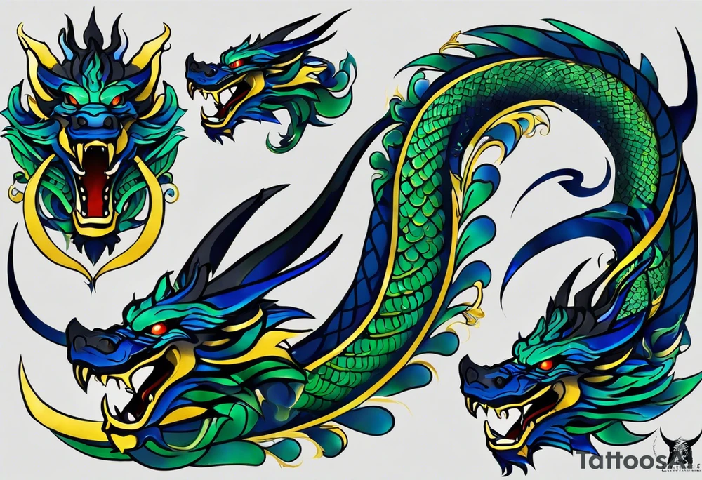 Tribal Tattoo: An epic with no wings, floating. Its long body coiling dynamically, with scales and horns detailed to create a sense of movement and strength. The dragon's main color is midnight blue but features little accents in green, blue, and gold, giving a vibrant depth and a mystical aura. This tattoo highlights the dragon’s fierce expression and sharp claws as it wraps protectively around the leg. Style: Tribal tattoo idea