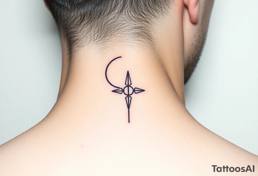 A minimalist crescent moon neck tattoo with a sleek, modern design. The crescent moon is positioned at the top, curving to the left, with a thin, clean line. Below the moon, there is a vertical line intersected by a sharp, star-like shape with four points. The star shape has elongated top and bottom points, giving it a clean, symmetrical look. The tattoo is placed behind the ear, following the natural curve of the neck. The lines are crisp and delicate, creating a stylish, celestial vibe." tattoo idea