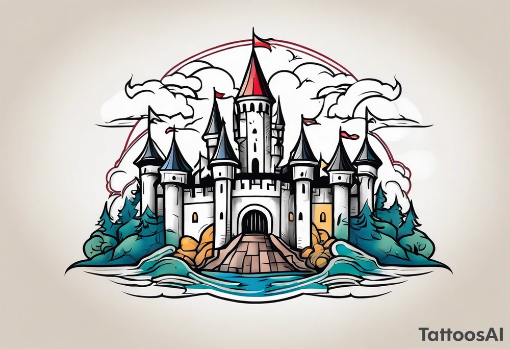 castle vintage tattoo style old school traditional bold color tattoo idea