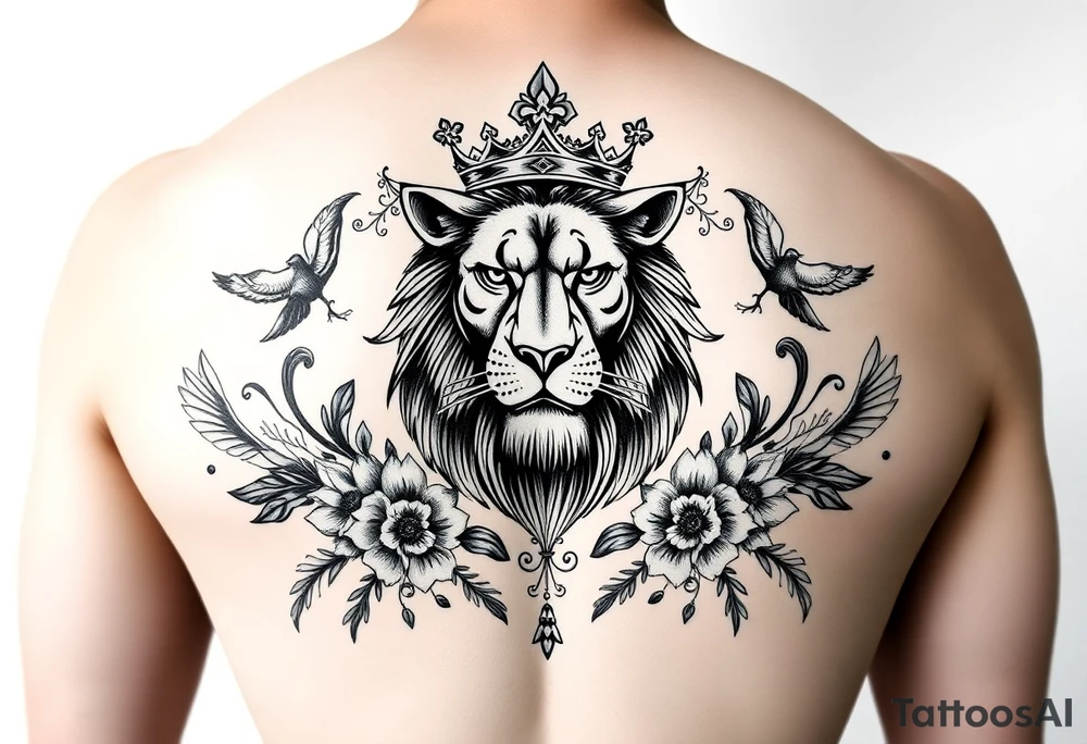 powerful majestic lion with a crown, surrounded by floral ornaments and birds tattoo idea