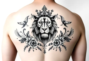 powerful majestic lion with a crown, surrounded by floral ornaments and birds tattoo idea