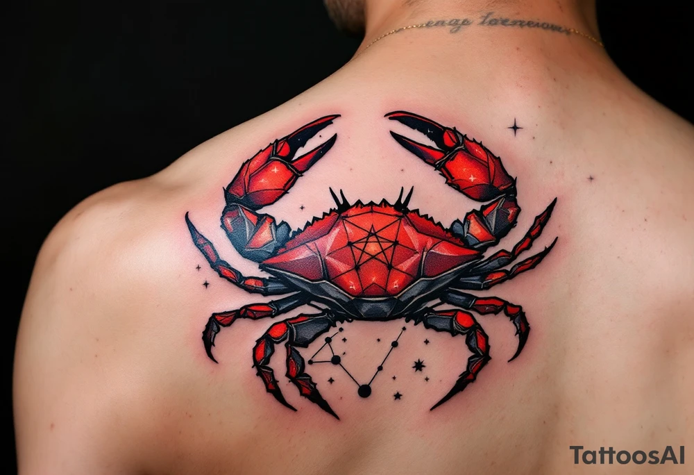 Black-inked Cancer star constellation lines dance above a crimson crab, symbolizing strength and intuition. tattoo idea