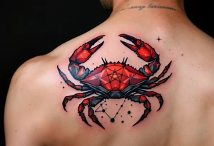 Black-inked Cancer star constellation lines dance above a crimson crab, symbolizing strength and intuition. tattoo idea