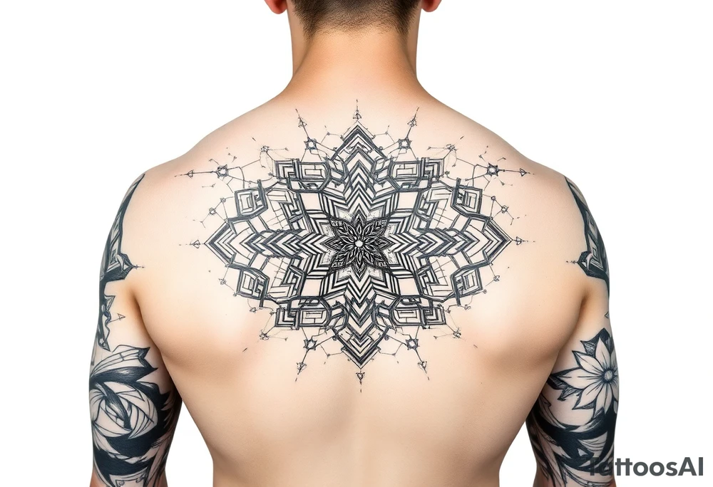 design a full sleeve tattoo that consists of a base layer of abstract hexagon pattern overlaid with a little blackwork abstract while incorporating the top tattoo and integrating slight biomech designs tattoo idea