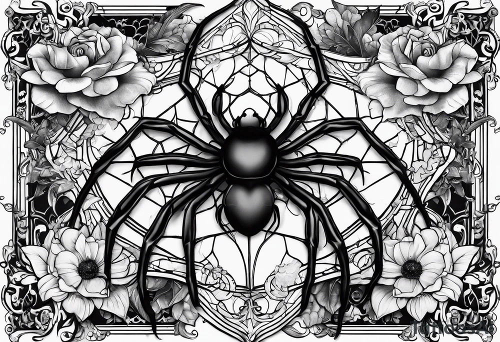 Spiders and black flowers tattoo idea