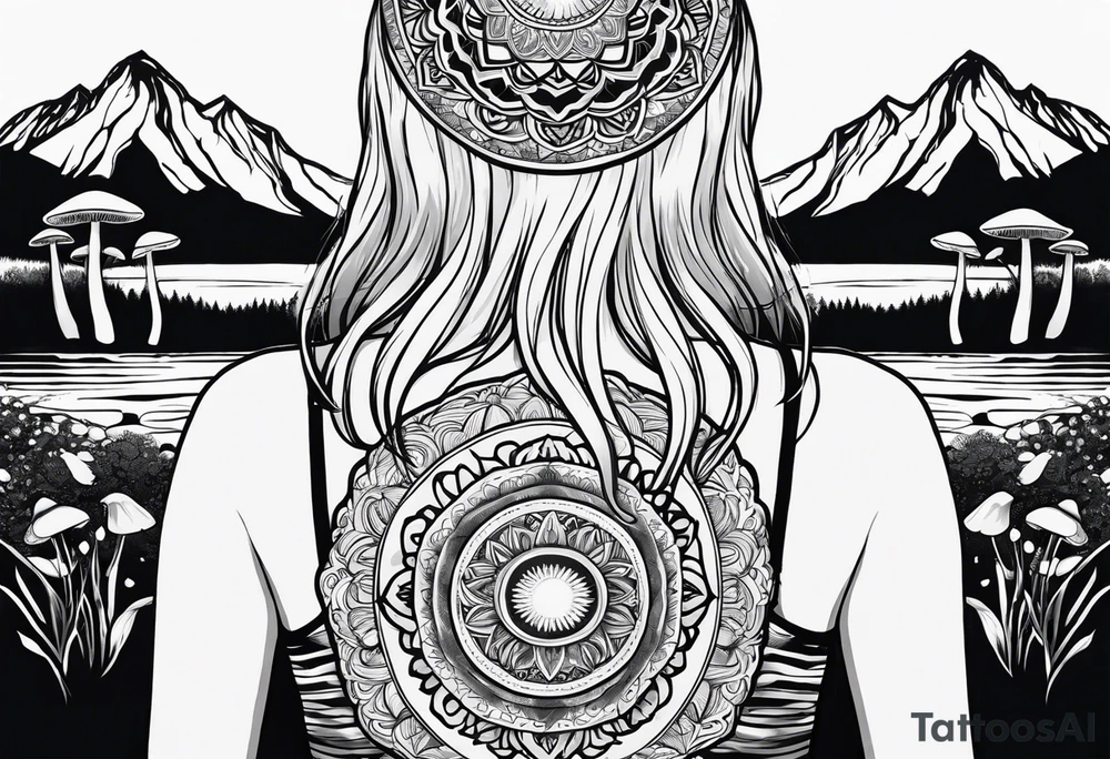 Straight blonde hair girl meditating facing away toward mountains surrounded by mushrooms crescent moon mandala circular design black and white striped dress tattoo idea