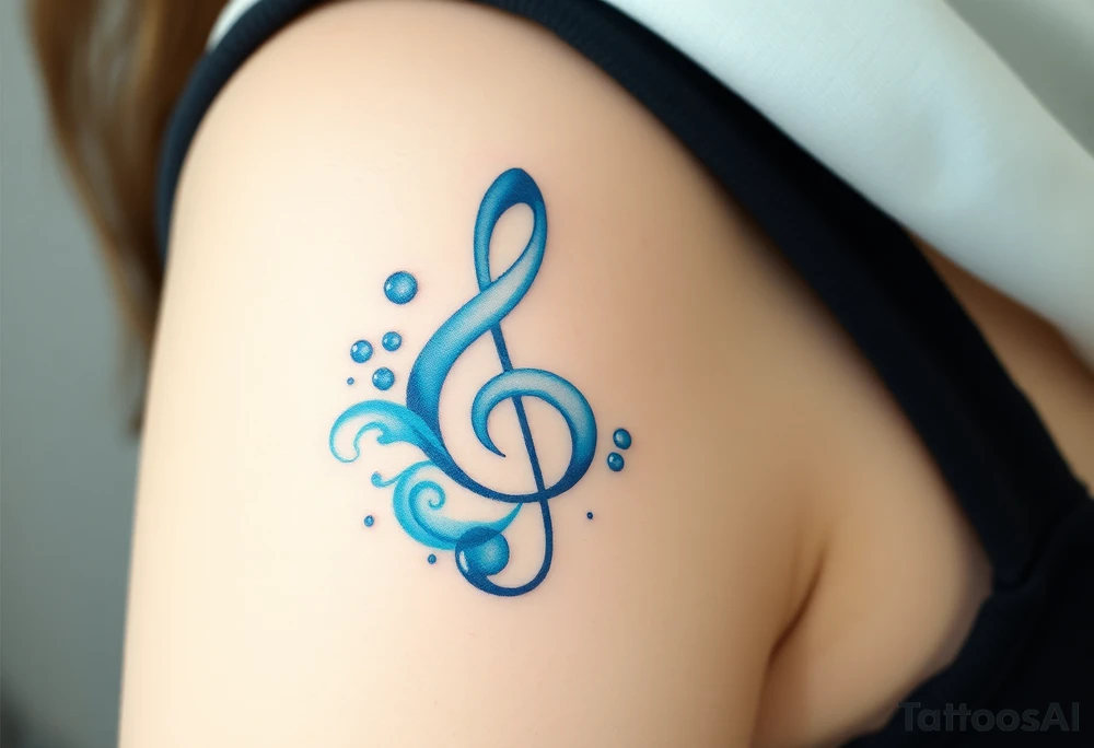 A treble clef shaped from water droplets, with a light blue and white gradient, signifying the fluidity and movement of music tattoo idea