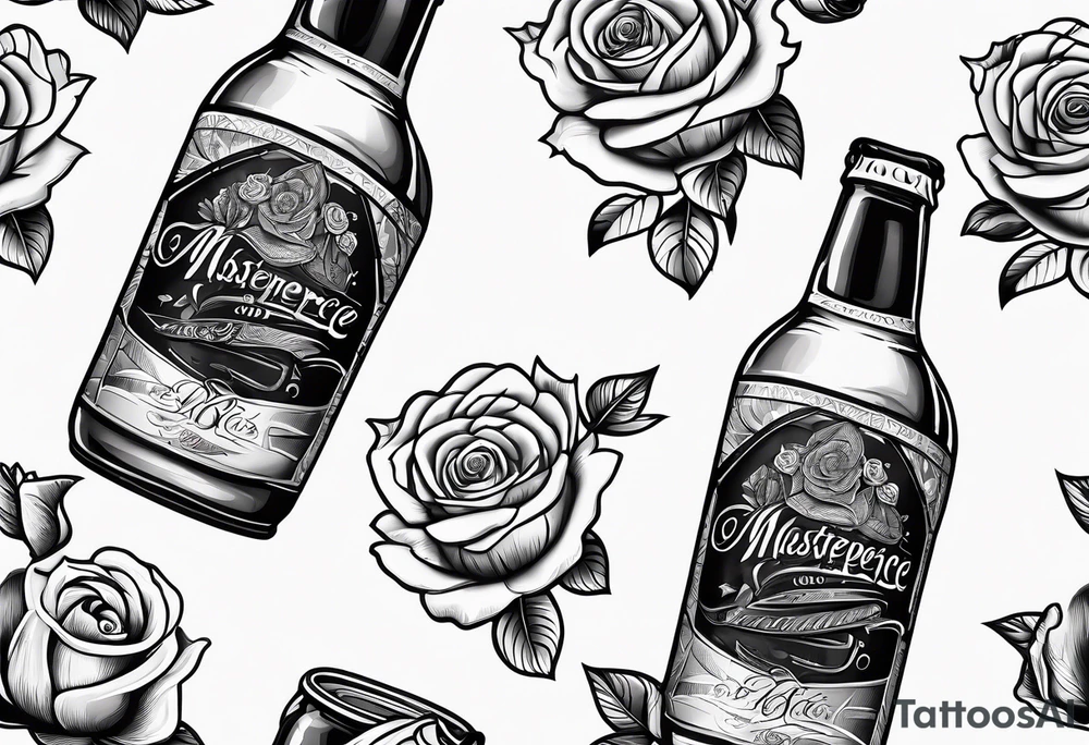 A bottle of beer and a stalk of rose in the bucket tattoo idea