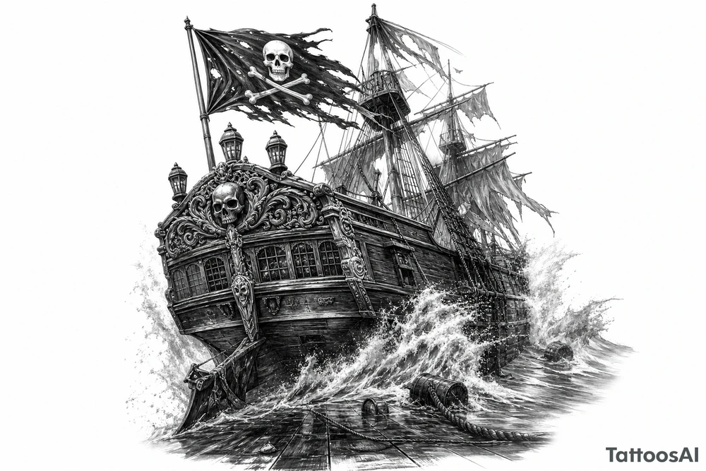 Detailed pirate ship stern, waves crashing over deck, tattered Jolly Roger flag. tattoo idea