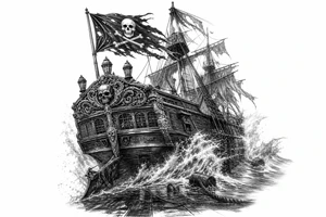 Detailed pirate ship stern, waves crashing over deck, tattered Jolly Roger flag. tattoo idea