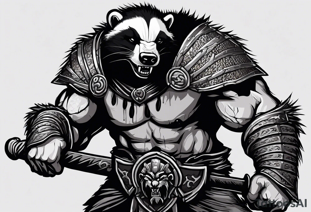 Draw me psychopath Honey Badger/Berserker with aggressive full body, killer face with a scary smile, very long nails and he attacks like a Bloody Assassin/Warrior/Gladiator to us and also, he has very deadly looking. He fights with his nails. Everybody scares after their first sight. Give me horror type Badger Tattoo. I want to see his Realistic full body. tattoo idea
