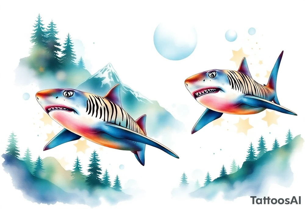 forest mountains and tiger sharks, tattoo idea