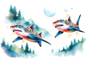 forest mountains and tiger sharks, tattoo idea