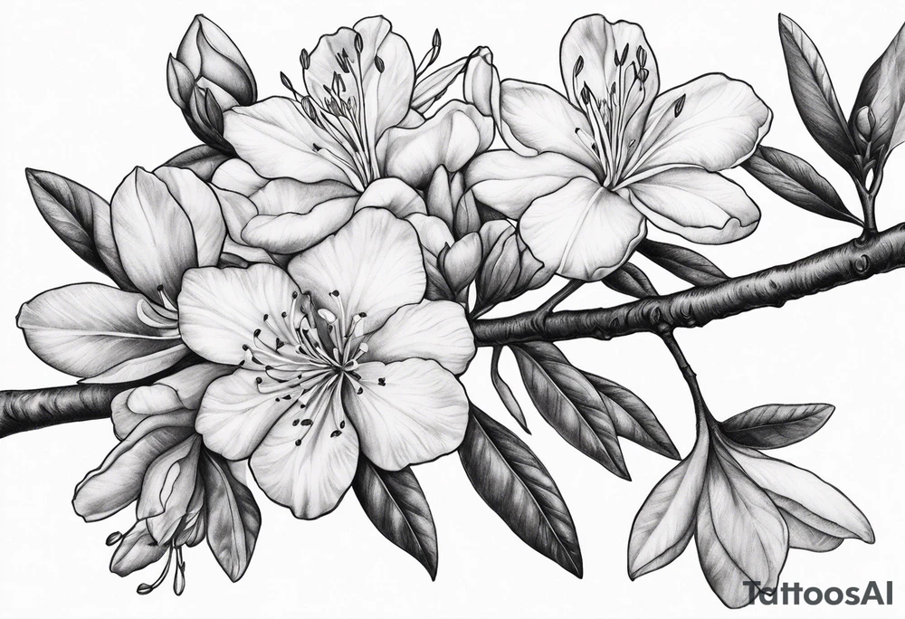 5-petal Azaleas, spread out along a long branch tattoo idea
