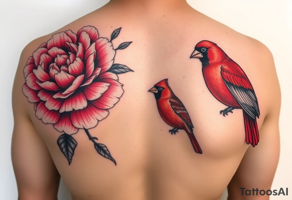pink peony flowers with bold coloring highlighting reds and whites; and a feminine but boldly colored male and female cardinal birds tattoo idea