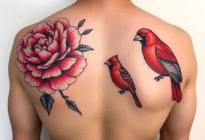 pink peony flowers with bold coloring highlighting reds and whites; and a feminine but boldly colored male and female cardinal birds tattoo idea