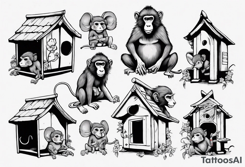 a baboon in a playhouse with mice tattoo idea