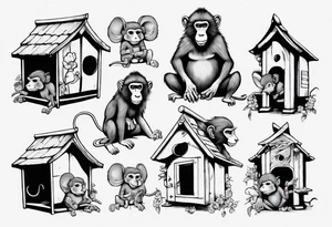 a baboon in a playhouse with mice tattoo idea