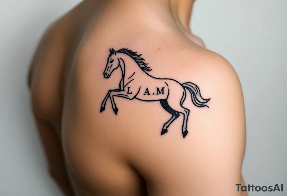 horse silhouette 
from the front which gallops from the front, with the 3 small letters discreetly integrated: L, A, M tattoo idea