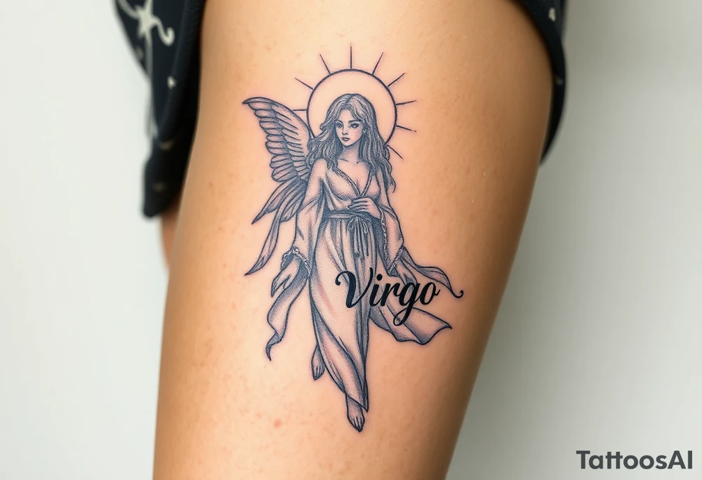 A celestial woman with glowing silver robe on her skin with the word virgo tattoo idea
