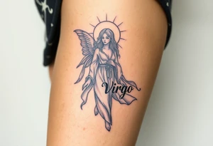 A celestial woman with glowing silver robe on her skin with the word virgo tattoo idea