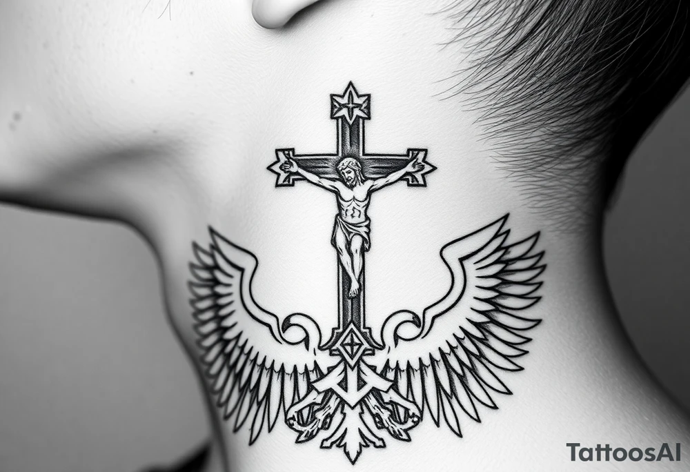 Traditional orthodox ICXC Christian cross with Jesus Christ on the cross also with the foot rest part of the cross in a Russian double headed eagle Kremlin setting tattoo idea