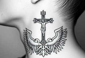 Traditional orthodox ICXC Christian cross with Jesus Christ on the cross also with the foot rest part of the cross in a Russian double headed eagle Kremlin setting tattoo idea