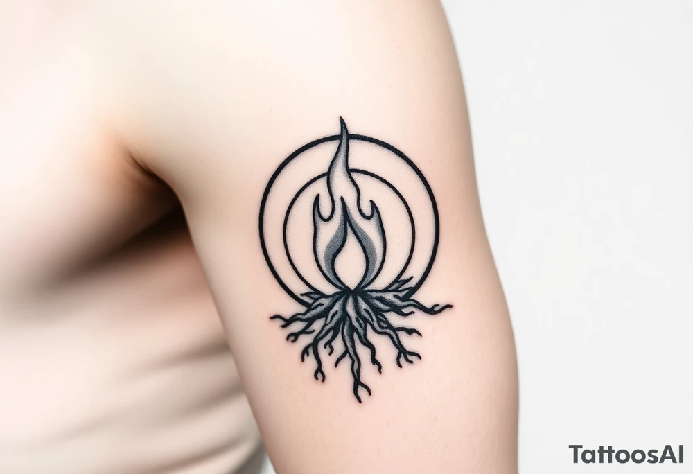 a round flame imprisoned in a roots circle tattoo idea
