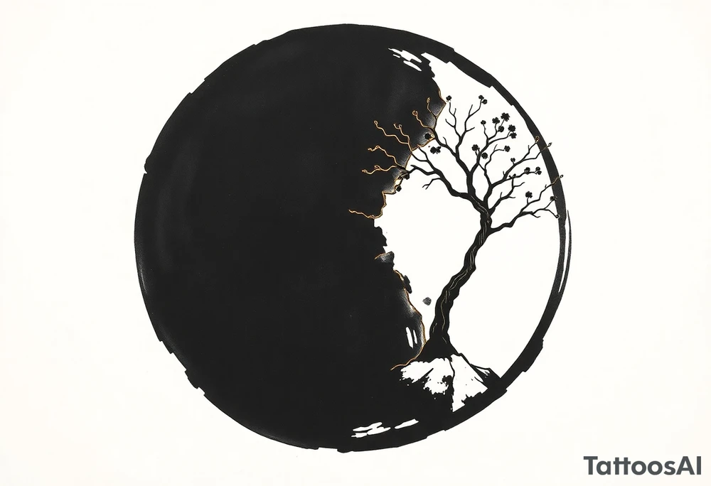 A Japanese‑inspired tattoo of a thick Zen ensō circle, drawn with a bold, hand‑painted black ink brushstroke. The circle is imperfect and organic, with visible texture and subtle variation in line thickness. About the last quarter of the circle, near the top‑right, transforms into a cracked ceramic segment that has been repaired using kintsugi: visible broken pieces outlined and joined by thin, flowing gold lines. There should be a couple big pieces of ceramic and no small ones. The circle and the ceramic part should have the same thickness. The gold seams follow the natural fractures of the ceramic section, creating several branching cracks rather than a single line, clearly distinguishing this repaired portion from the rest of the smooth ink circle. The transition from ink to ceramic should feel natural, as if the painted circle solidifies into a fragile object that has been lovingly mended. The ceramic shall seamlessly flow into a rock from which a tree of life sprouts. Design it as a black and gray tattoo with a subtle metallic gold effect on the kintsugi seams, suitable for a medium‑sized placement on the back of the bicep. tattoo idea