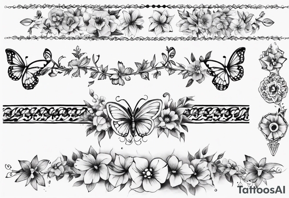 Ankle bracelet tattoo with flowers and butterflies tattoo idea