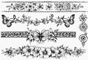 Ankle bracelet tattoo with flowers and butterflies tattoo idea