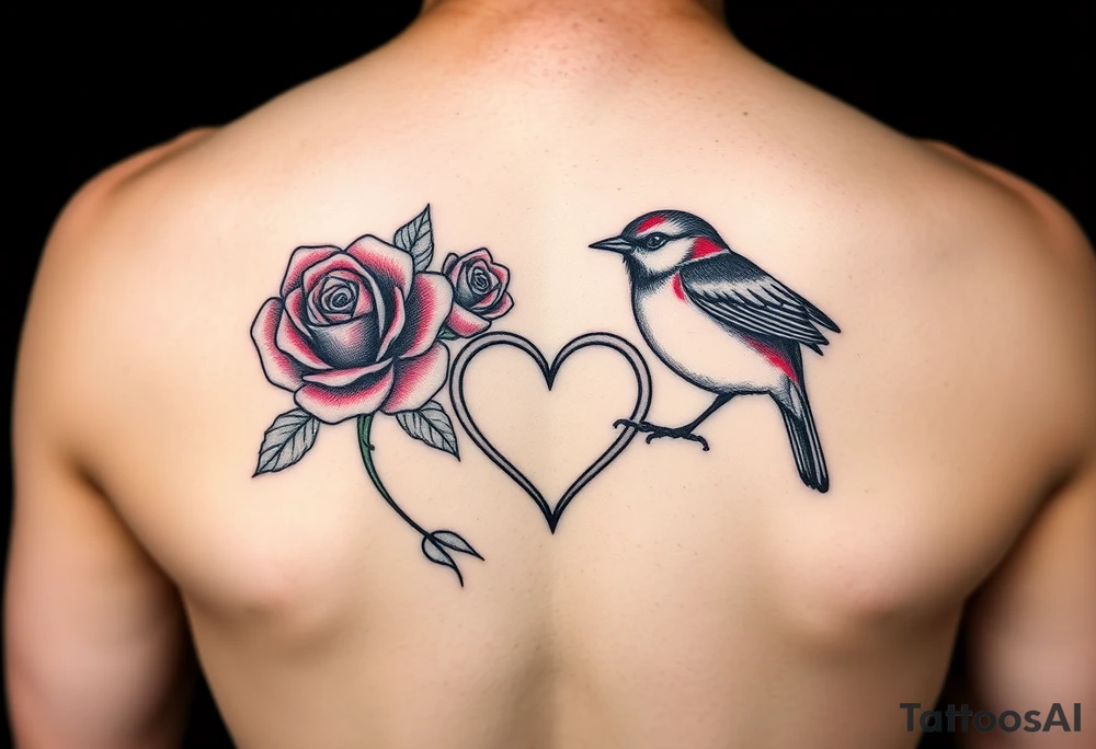 Small Feminine red rose and red robin with a infinity heart on hip tattoo idea